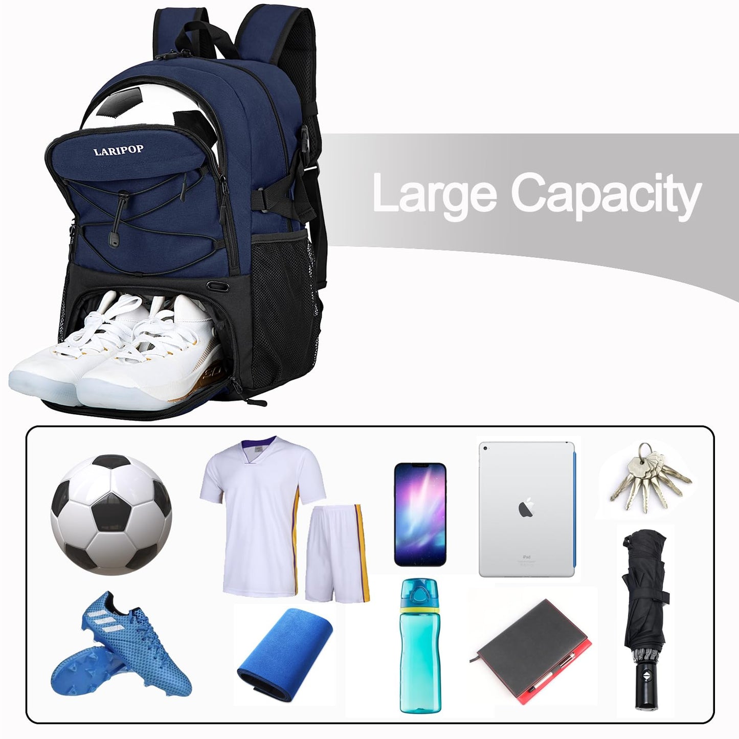 LARIPOP Soccer Bag-Youth Soccer Backpack for Men & Women,Waterproof Sports Bag Suitable for Volleyball, Basketball Accessories, Large Capacity Equipment Bag, with Ball Compartment and Laptop Compart
