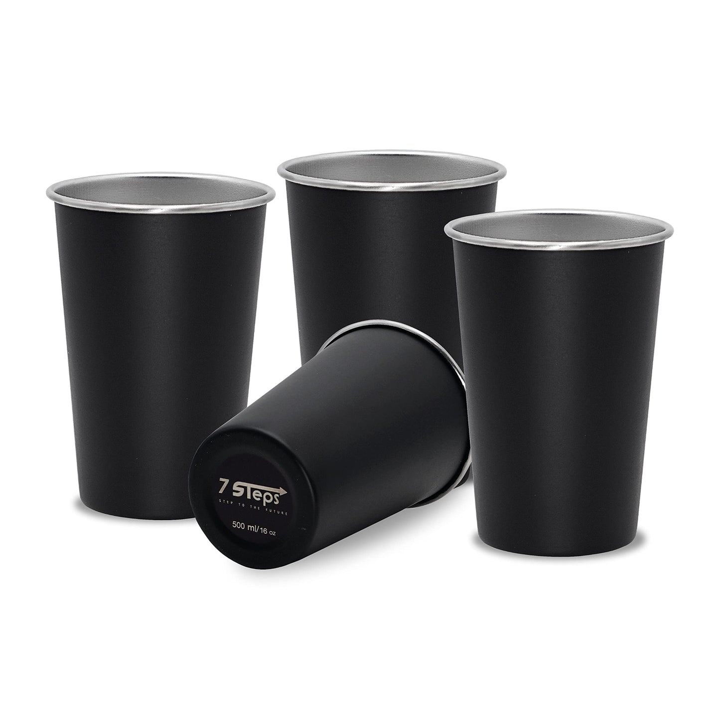 7 Steps - Stainless Steel Pint Cup 500 ml / 16 oz - Durable - Reusable - Party - Outdoor - Hiking - Camping - Picnic - Stackable Cup for Beer Juice Soda (Pack of 4) (Black)