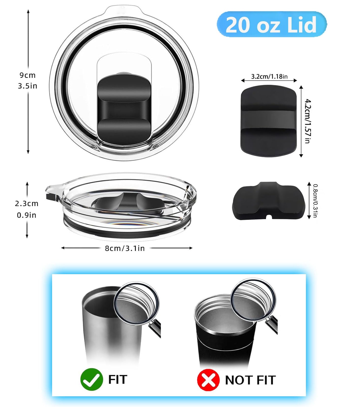 2Pack 20 oz for YETI Tumbler Lid, with 3 Black Magnetic Slider Replacement, Compatible for YETI 20 oz Tumbler, for 10/24 oz Mug and 10 oz Lowball, Coffee Tumbler