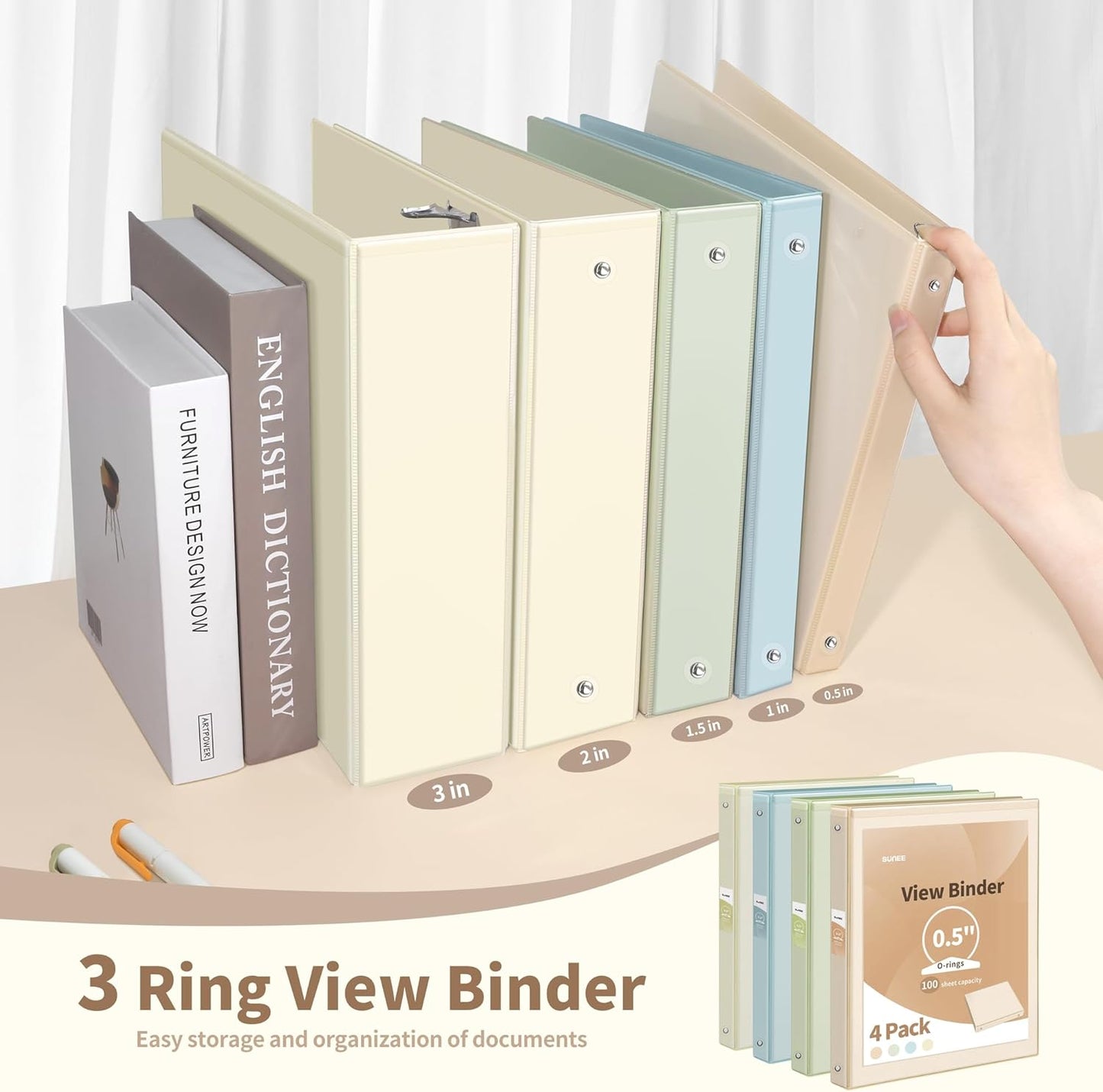 SUNEE 3 Ring Binder 1.5 Inch 4 Pack, Clear 1 1/2 Inch View Binder Three Ring PVC-Free (Fit 8.5x11 Inches) for School or Office Supplies, Neutral Aesthetic
