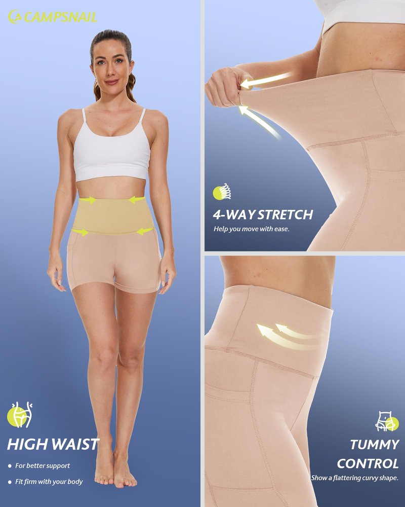 CAMPSNAIL Biker Shorts Women with Pockets - 3"/5"/8" High Waisted Workout Spandex Tummy Control Gym Running Yoga Shorts Nude