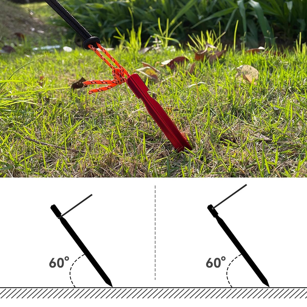 Keovoker 12 Pack Tent Stakes, 7-inch Ultralight Aluminum Ground Pegs with Reflective Pull Ropes, Tri-Beam Stake in a Carrying Bag, for Camping, Backpacking, Hiking, Hammocks and Canopy, Red