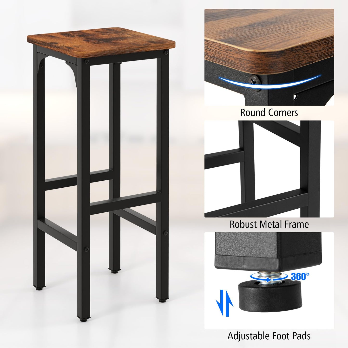 IFANNY Bar Stools Set of 2, 28" Bar Height Stools with Humanized Footrests & Metal Frame, Wood Counter Stool with Adjustable Foot Pads, Industrial Barstools for Kitchen Island, Dining Room (1)