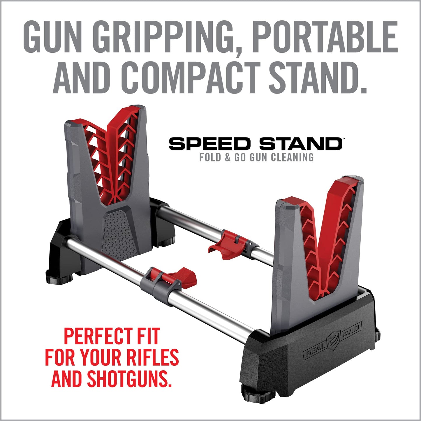 Real Avid Speed Stand | Collapsible Design, Adjustable 10" - 16" Stand for Cleaning & Maintenance | Compact, Portable Range Stand | Lightweight Vise Perfect for Hunting Rifles & Shotguns,Red