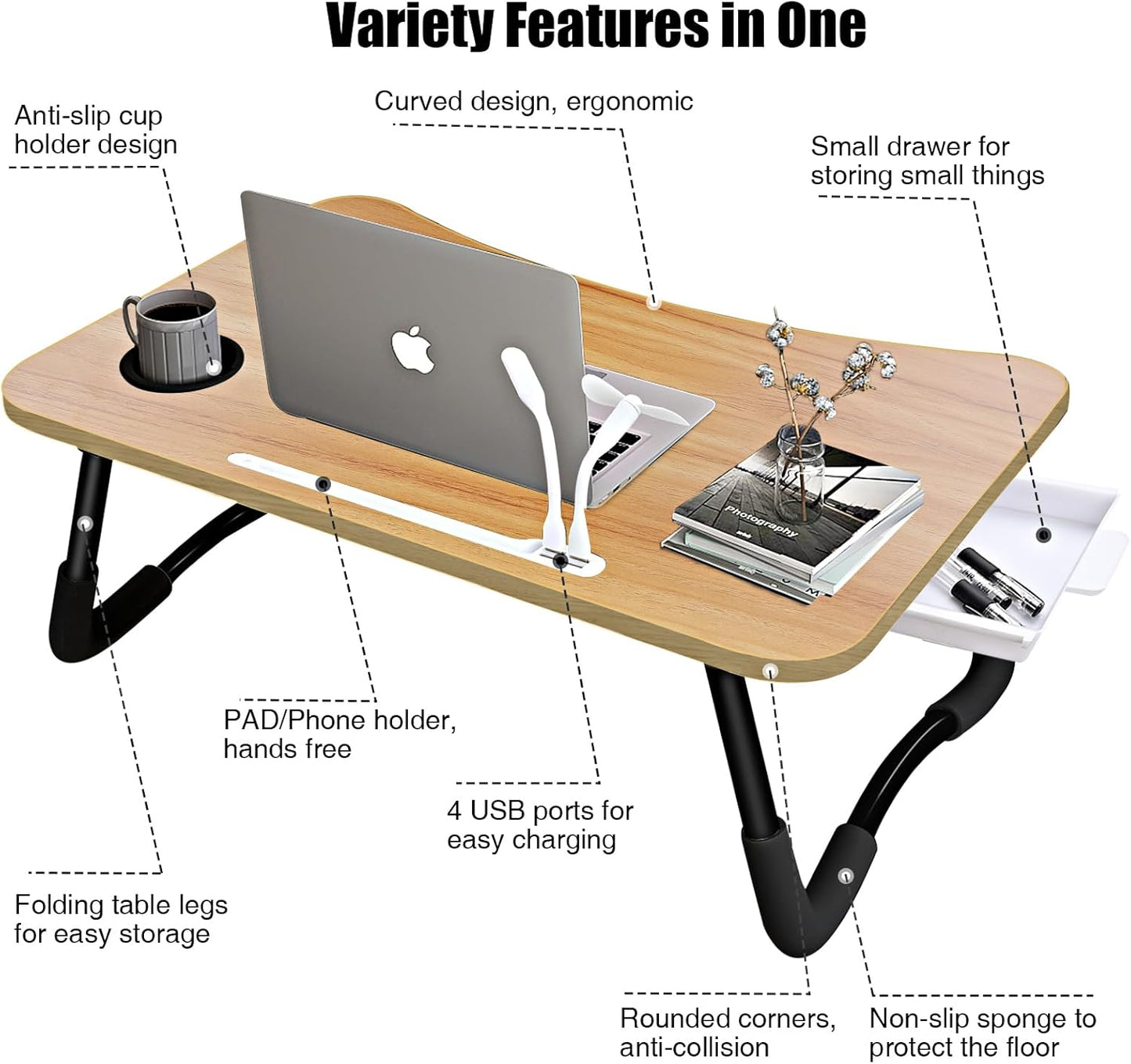 Laptop Bed Desk,Portable Foldable Laptop Lap Desk Tray Table with USB Charge Port/Cup Holder/Storage Drawer,for Bed/Couch/Sofa Working, Reading