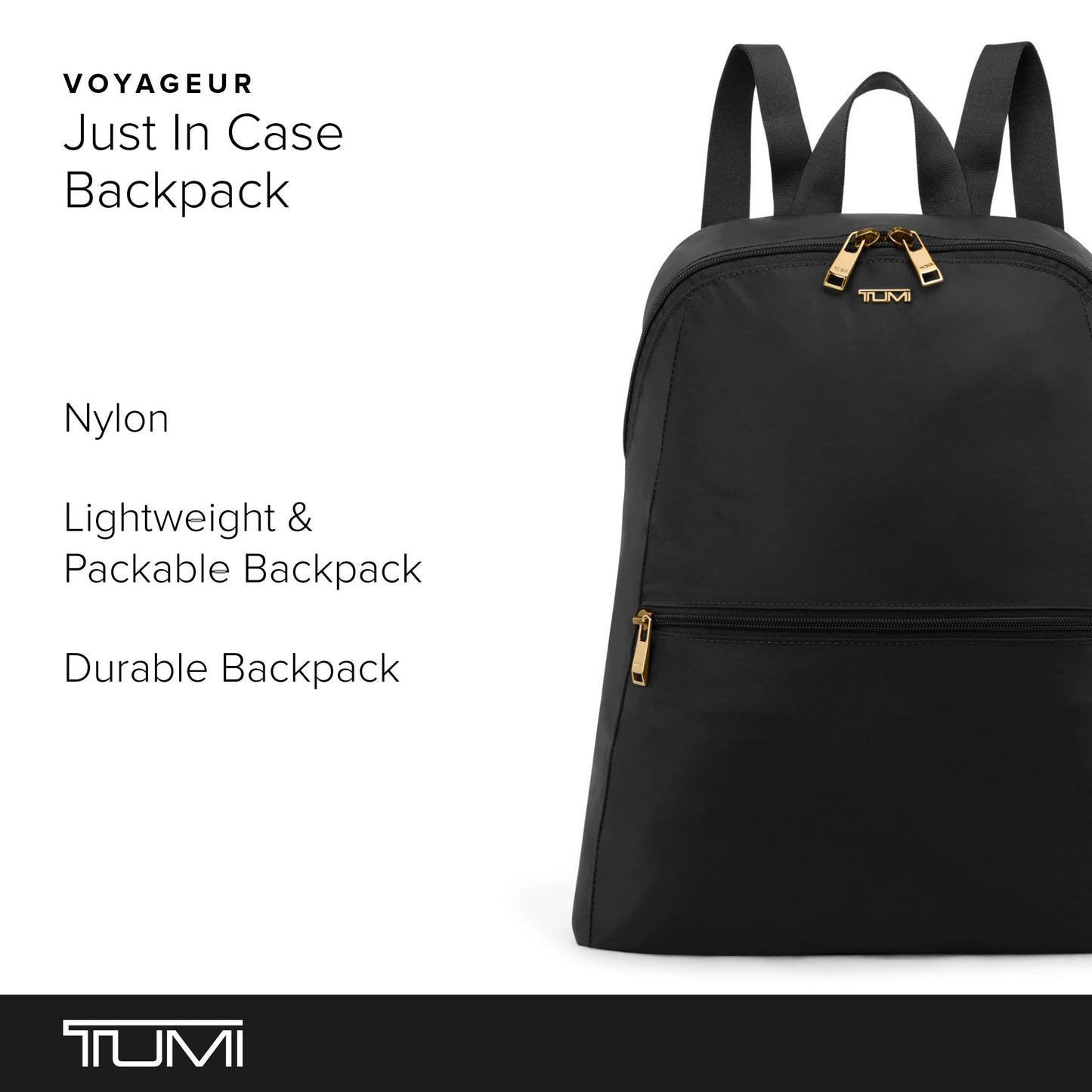 TUMI - Just In Case Foldable Backpack - Lightweight, Compact Travel Backpack - For One Bag Travel - 15.5" X 12.3" X 4.5" - Black with Gold Hardware