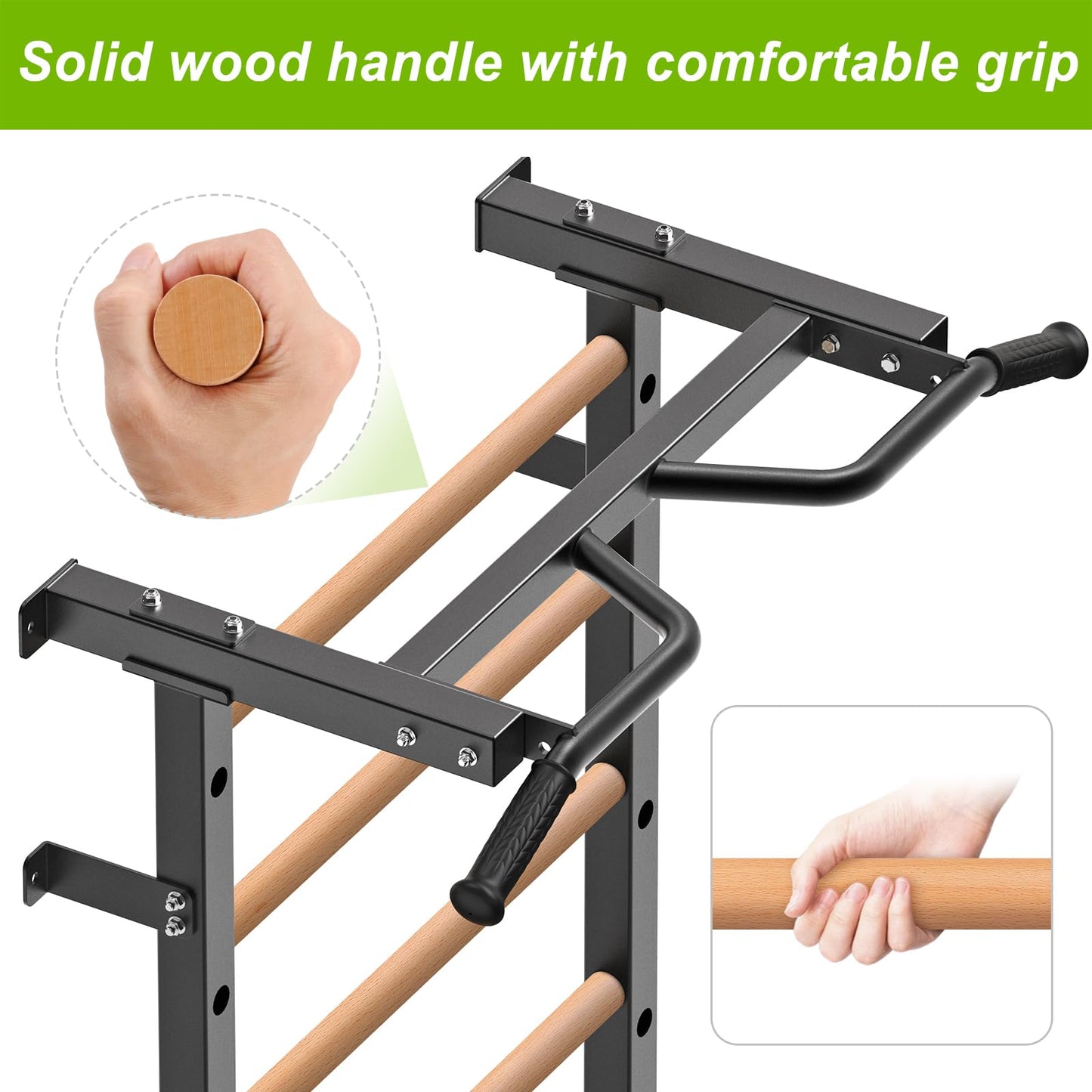 Kipika Gymnastic Stall Bar - 2"x2" Swedish Ladder with 1" Hole, Wall Mounted Pull-up Bar Ladder Suspension Trainer, Solid Wood Grips Gymnastics Training Bar for Home, Wall Gym, School