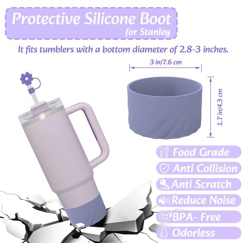 Cup Accessories Set For Stanley, Silicone Spill Stopper Set, Including 2 Cute Straw Cover Cap, 2 Square and Round Spill Stopper, 2 Cute Charms Chain (Purple)