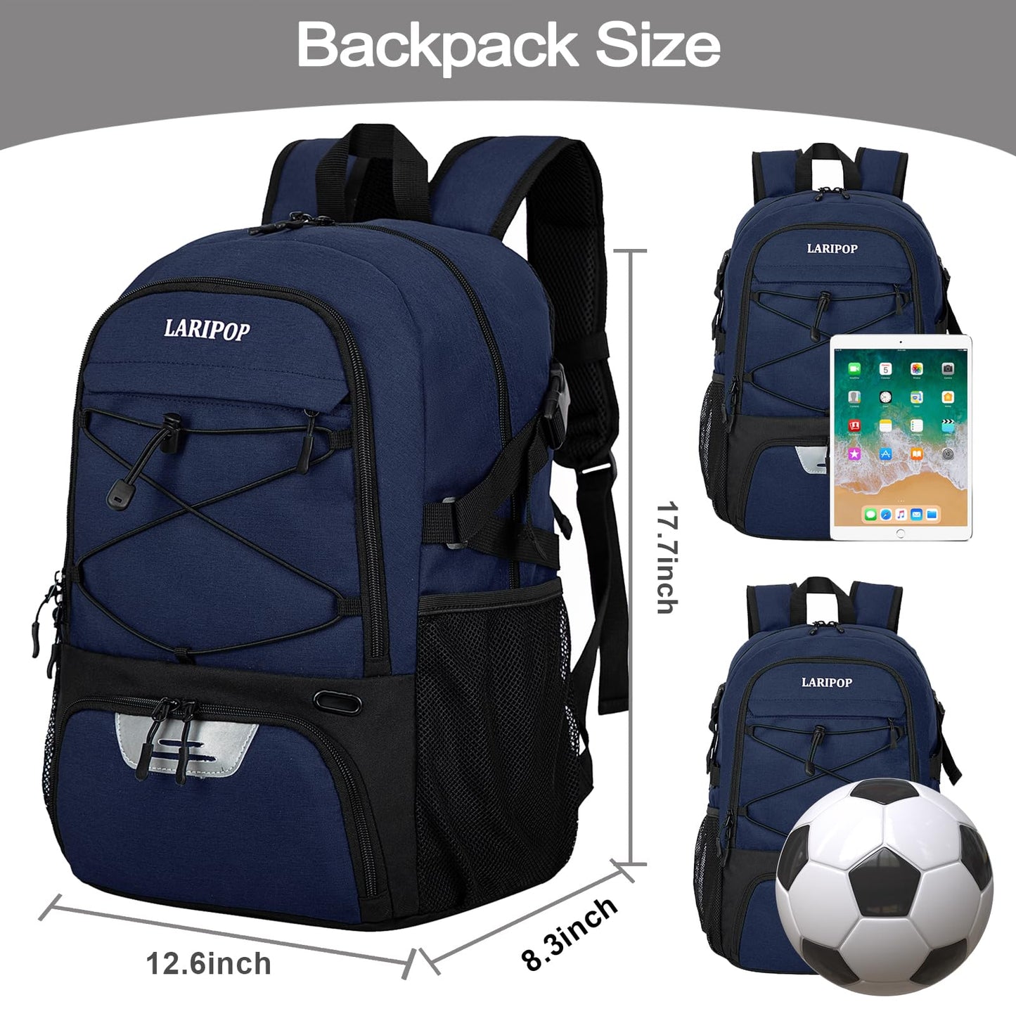 LARIPOP Soccer Bag-Youth Soccer Backpack for Men & Women,Waterproof Sports Bag Suitable for Volleyball, Basketball Accessories, Large Capacity Equipment Bag, with Ball Compartment and Laptop Compart