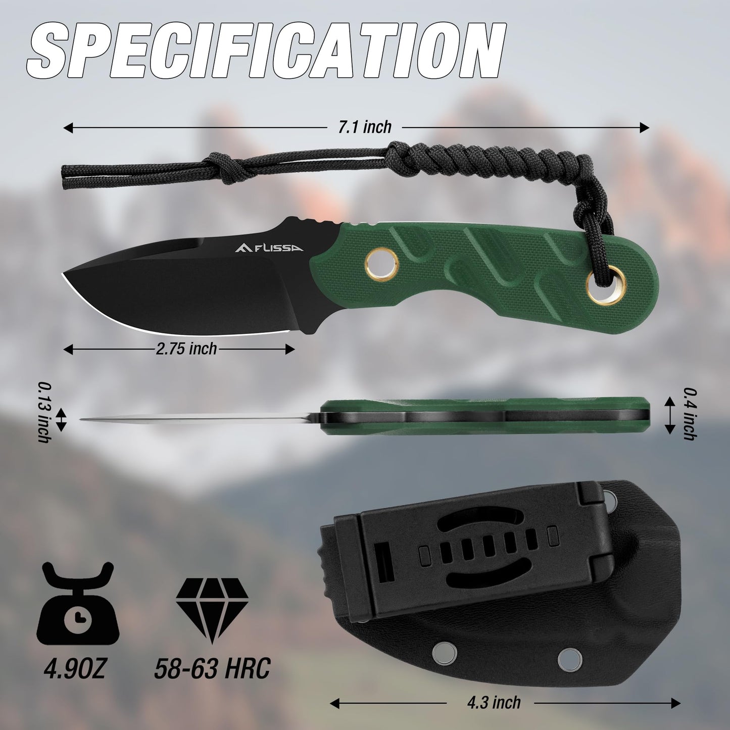 FLISSA Fixed Blade Knife, 7 Inch Full Tang Hunting Knife with G10 Handle, Kydex Sheath and Emergency Rope for Tactical, Survival, Camping, Hiking(Green)