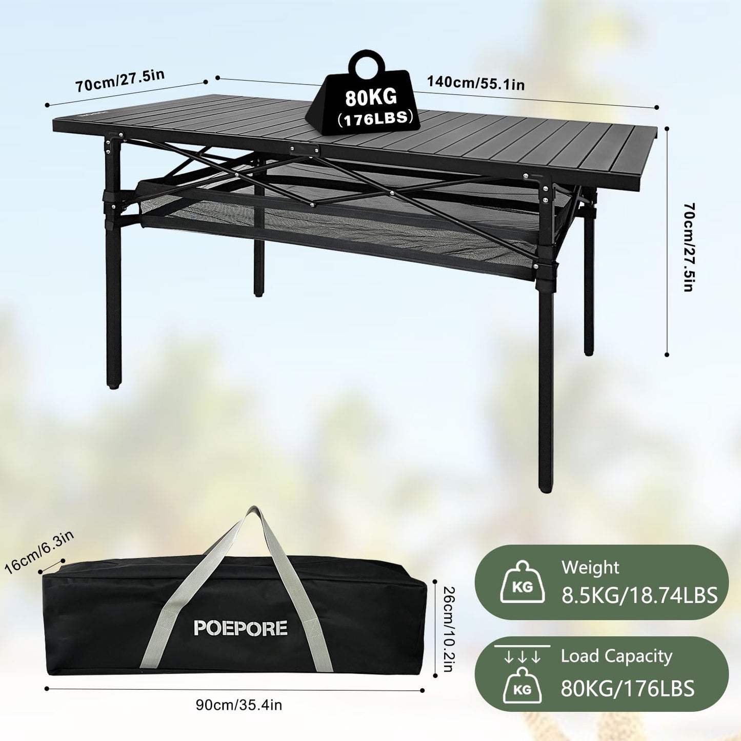 POEPORE Large Folding Camping Table Aluminum with Storage for 4-6 People 55"X27.5" Roll Up Tall Outdoor Portable Table Lightweight with Carry Bag for Picnic BBQ Backyard Beach