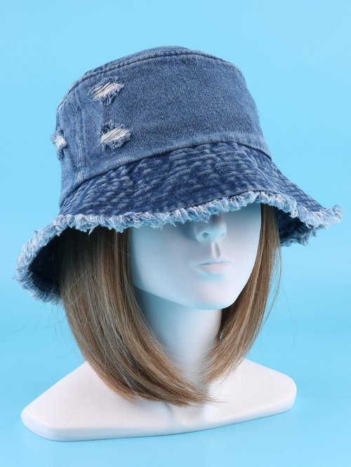 Verdusa Women's Ripped Denim Bucket Hat Raw Hem Sun Hat Outdoor Cap Navy Blue One-Size