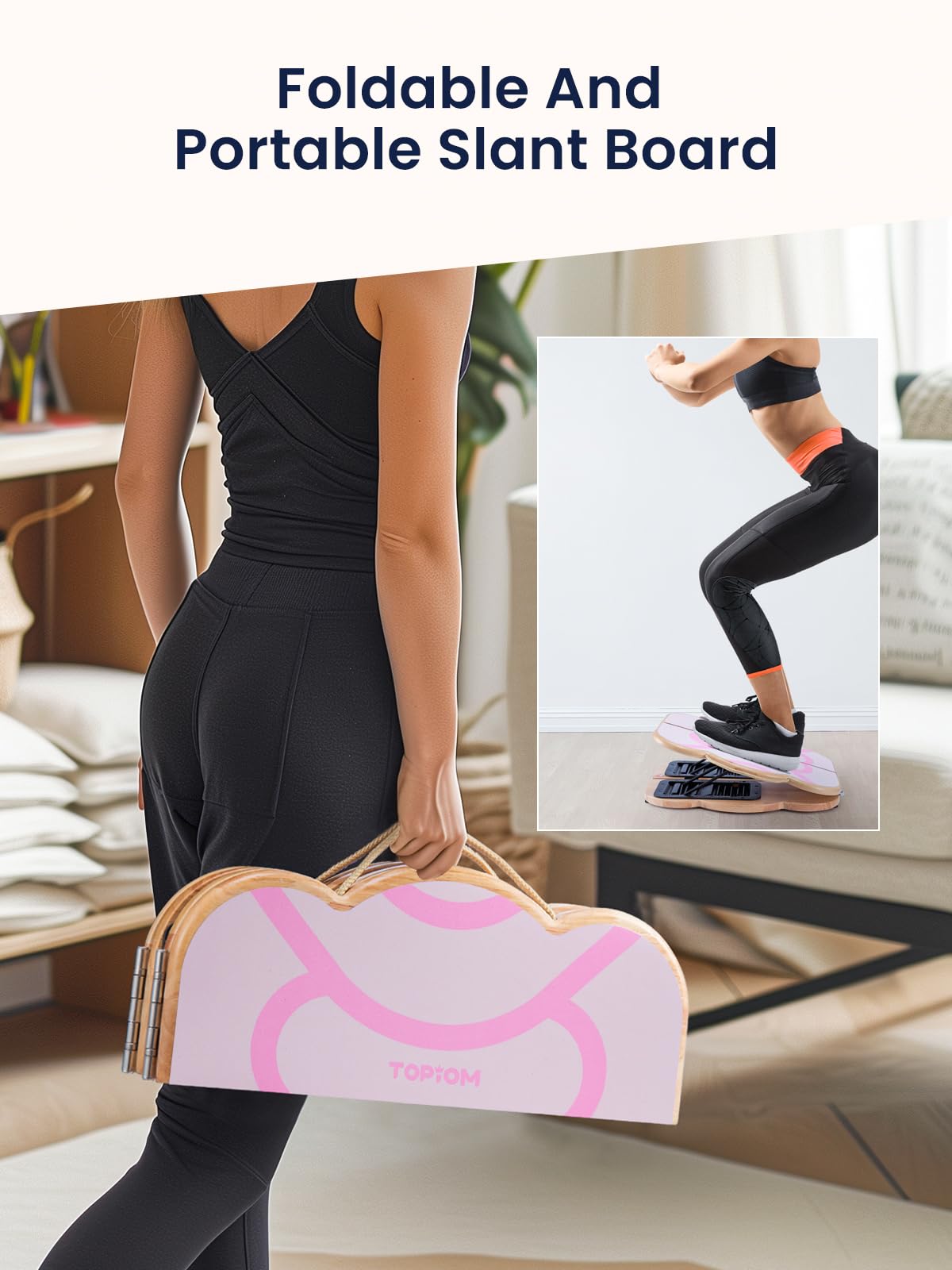TOPIOM Calf Stretcher Slant Board, Foldable Incline Boards for Calf Stretching Squats Calf Stretcher Heavy Duty, 9 Adjustable Incline Board and Calf Stretcher for Foot Knees Ankle Heel Leg (Pink)