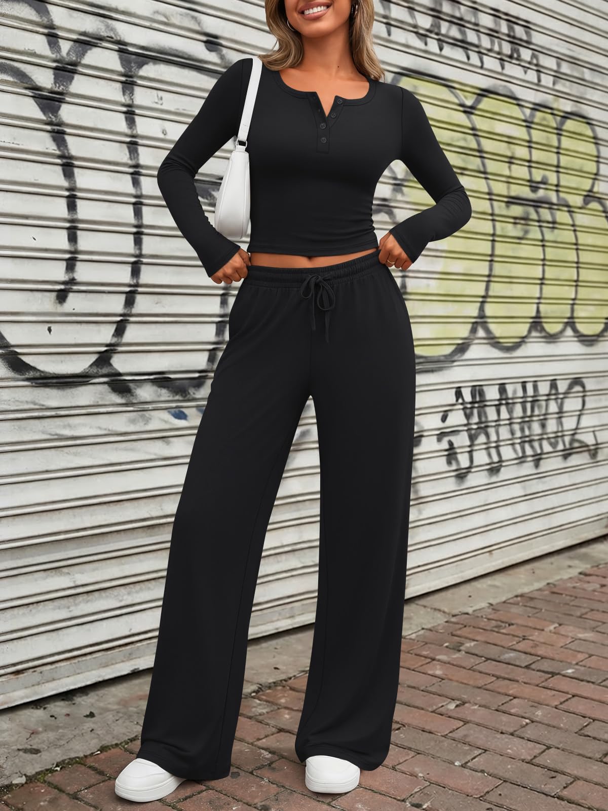 Trendy Queen Women's 2 Two Piece Matching Lounge Sets 2026 Airport Travel Fall Fashion Outfits Crop Top Wide Leg Pants Sweat Suits Workout Gym Y2k Clothes Casual Sweatsuit Loungewear Winter Clothing