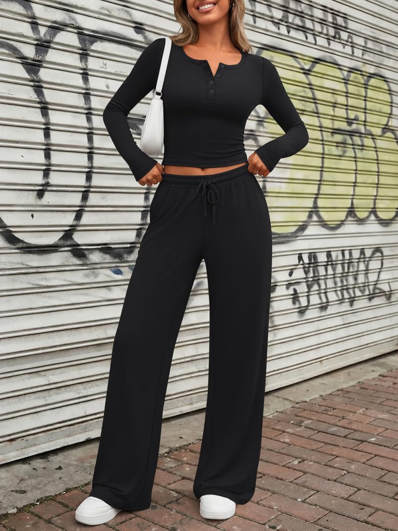 Trendy Queen Women's 2 Two Piece Matching Lounge Sets 2026 Airport Travel Fall Fashion Outfits Crop Top Wide Leg Pants Sweat Suits Workout Gym Y2k Clothes Casual Sweatsuit Loungewear Winter Clothing