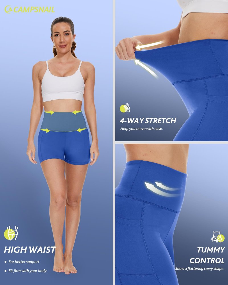 CAMPSNAIL Biker Shorts Women with Pockets - 3"/5"/8" High Waisted Workout Spandex Tummy Control Gym Running Yoga Shorts Royal Blue