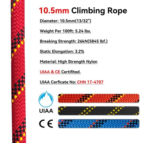 BlazeBeam Static Climbing Rope 10.5mm UIAA Static Line Rappelling Rope 15M (50ft) Nylon Kern Mantle Rope for Escape Rope Rock Climbing, Mountain Tree Climbing, Hauling, Rescue
