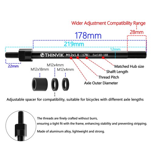 Thinvik Bike Thru Axle Adapter for Trailer Hitch 12mm Thru Axle 1.5 Thread Pitch Shaft Length 181mm