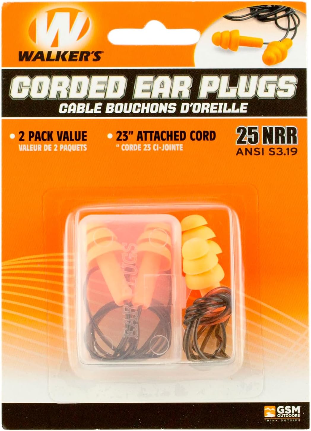 Walker's 25dB NRR Soft Rubber Earplugs for Shooting & Hunting - 2 Pairs with Case