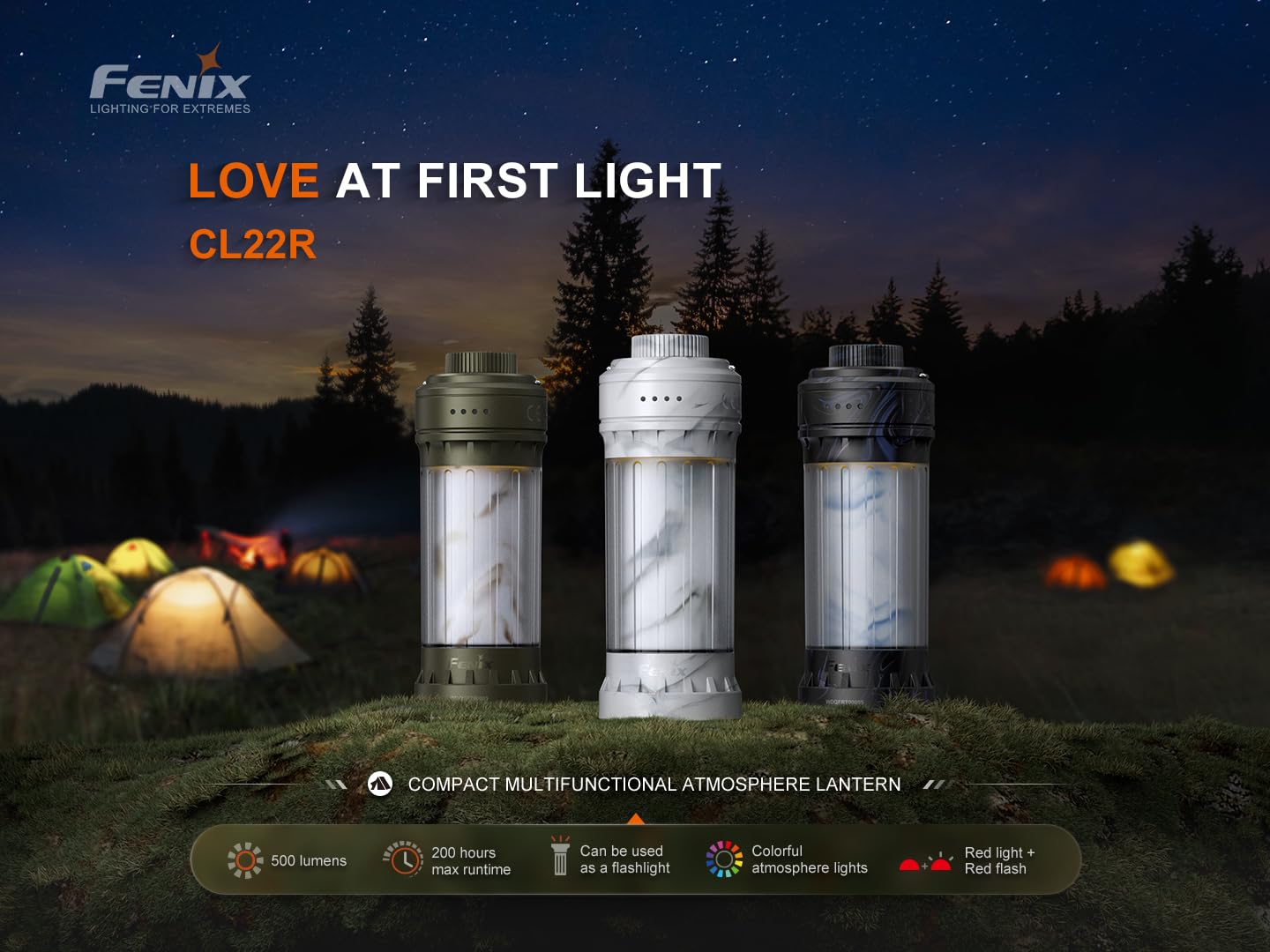 Fenix CL22R 500 Lumen Compact Lantern, USB-C Rechargeable and Multifunctional with Red Light and Colorful Ambient Lights for Camping, Hiking, Fishing (Wild Green)