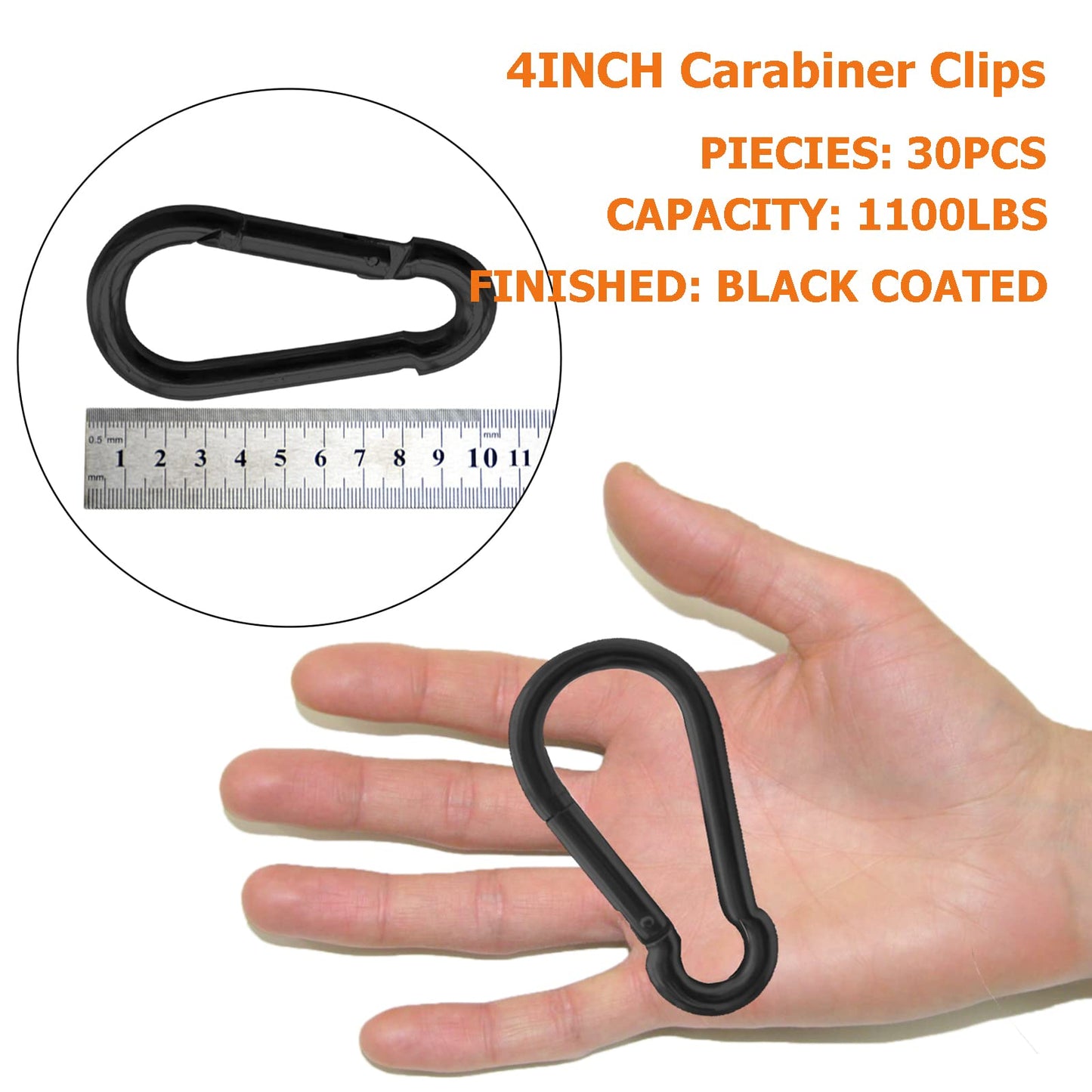30Pack Carabiner Clips Heavy Duty, 4” Large Spring Snap Hooks Bulk, Galvanized Black 3/8” Carabiners for Camping, Solid Spring Clips for Home Gym Hanging Hammocks Swing Hiking-1100lbs Holding Capacity