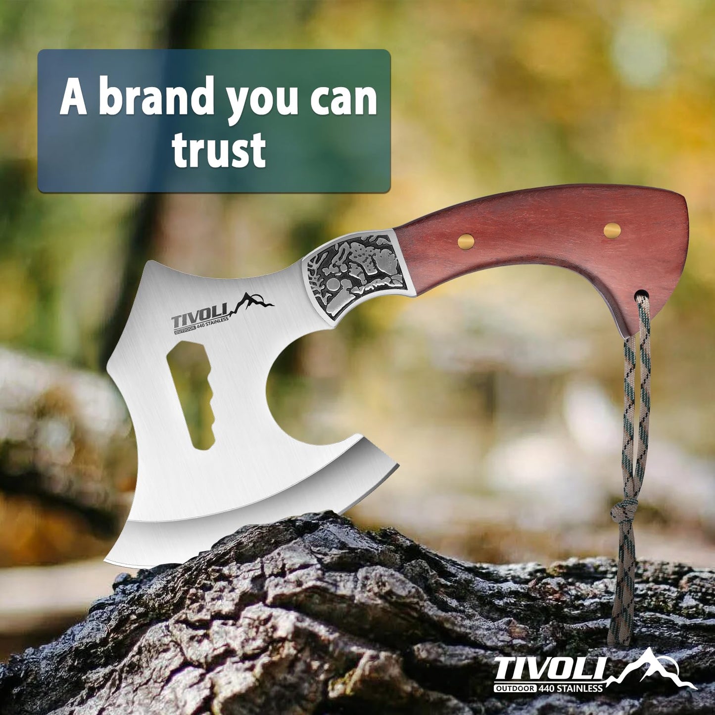 TIVOLI 8.86" Camping Axe, Survival Hatchet with Hex Wrench Slots, High Carbon Steel Blade Outdoor Bushcraft Axe with Nylon Sheath, Ergonomic Wood Grip Camping Gear for Hiking, Chopping, Hunting