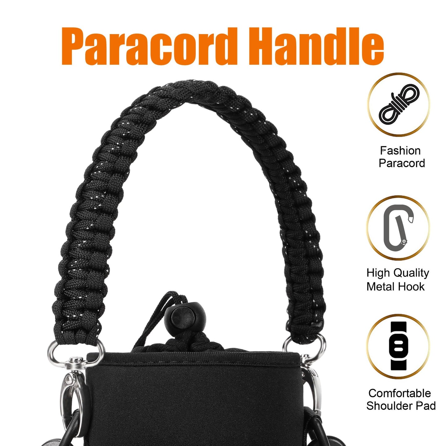 AceTreker 32 oz 40 oz Water Bottle Sleeve, Insulated Water Bottle Holder with Strap & Paracord Handle, Carrier Sling Bag with Phone Pocket for Walking Hiking-Black