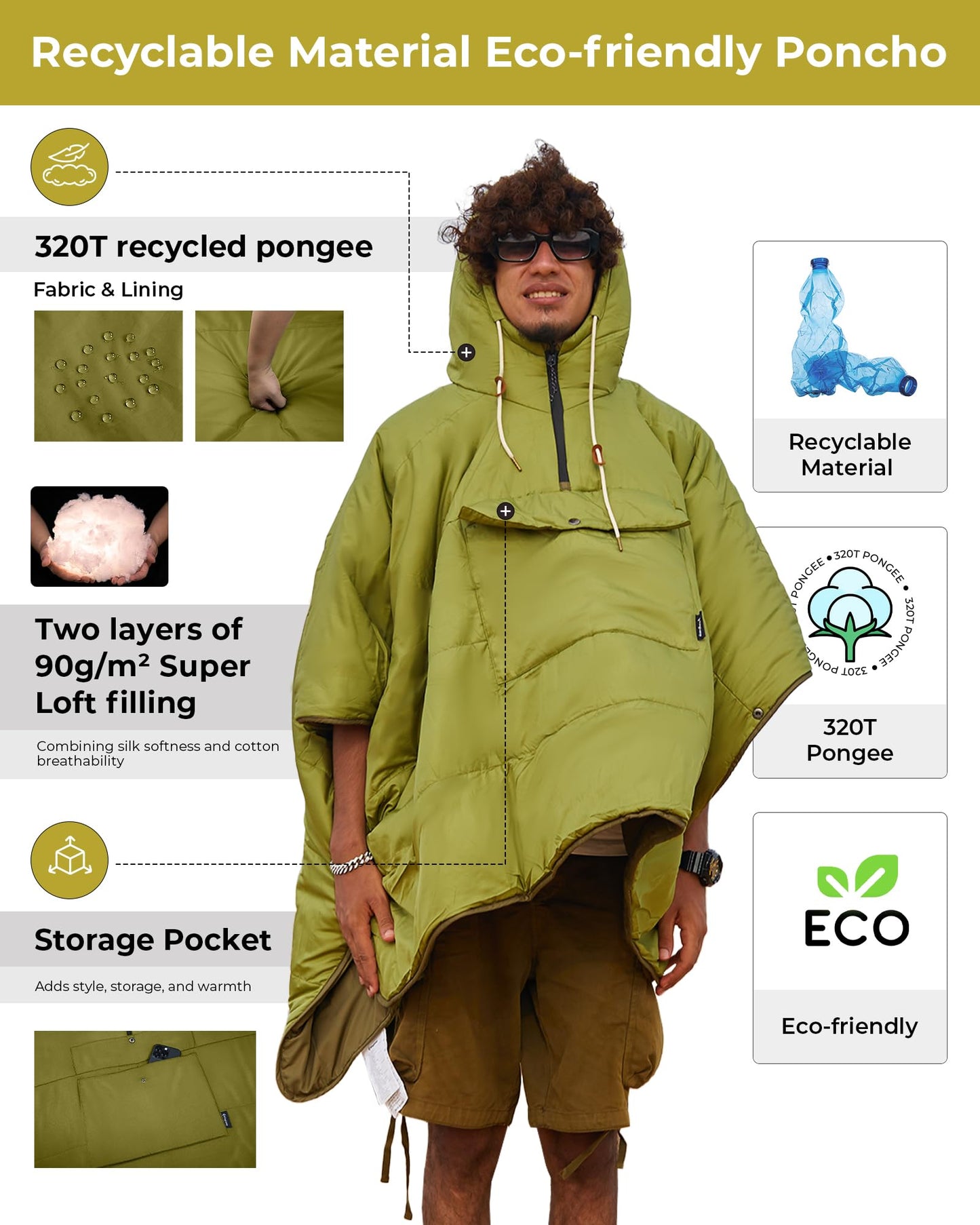 KingCamp Camping Blanket Poncho, Wearable Honcho Hoodie Reversible Cape Windproof Water-Repellent Recycled Poncho with Snap Buttons for Outdoor Camping Hiking Stadium Travel (Green, 66" x 48")