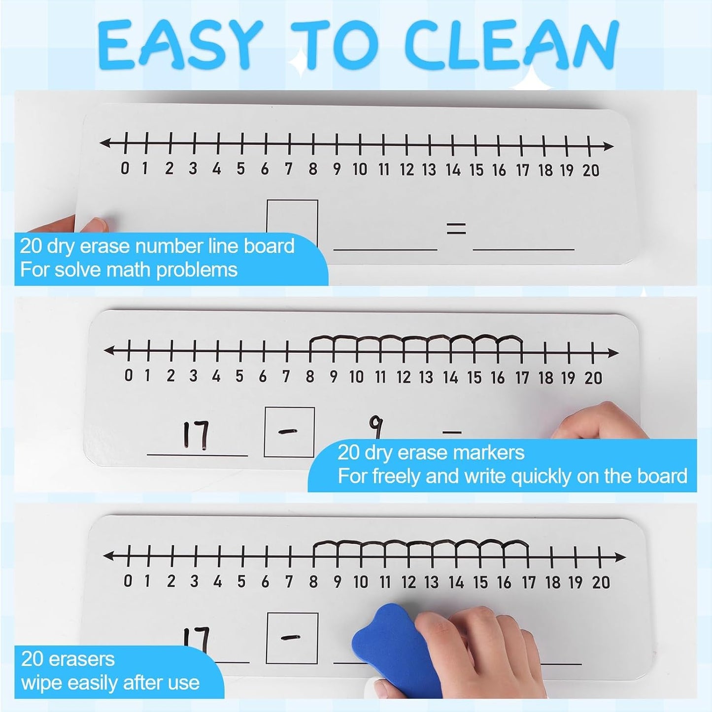20 Pack Number Line Dry Erase Boards 4x12 Inch White Boards Lapboards with Lines Double Sided Numbers 0 Thru 10 and 20 Math with Black Markers Erasers for Students Teacher Supplies Classroom