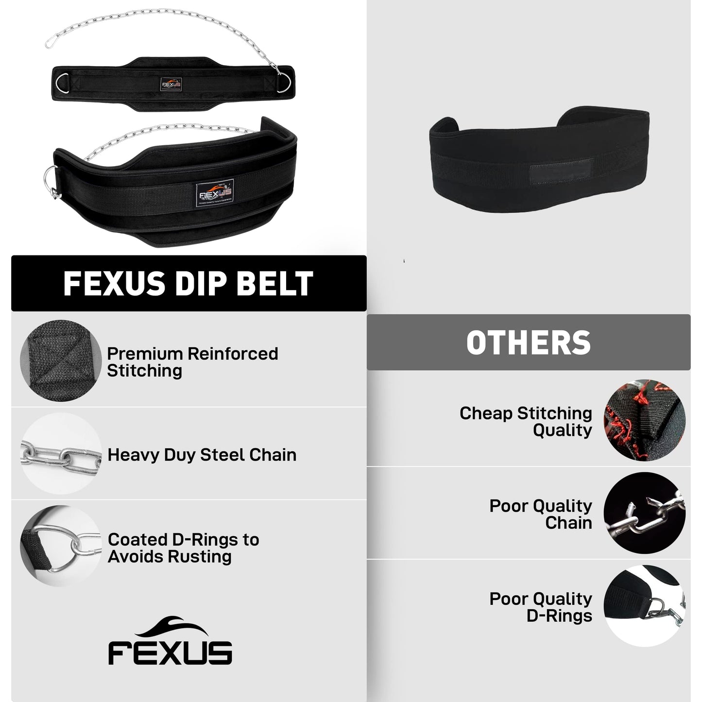 Fexus Dip Belt forWeightlifting, Gym Weight Belt for Men Women- Professional Dip Squat Bodybuilding Heavy Duty Steel Chain Workout Belt with Convenient Neoprene Support (Black)