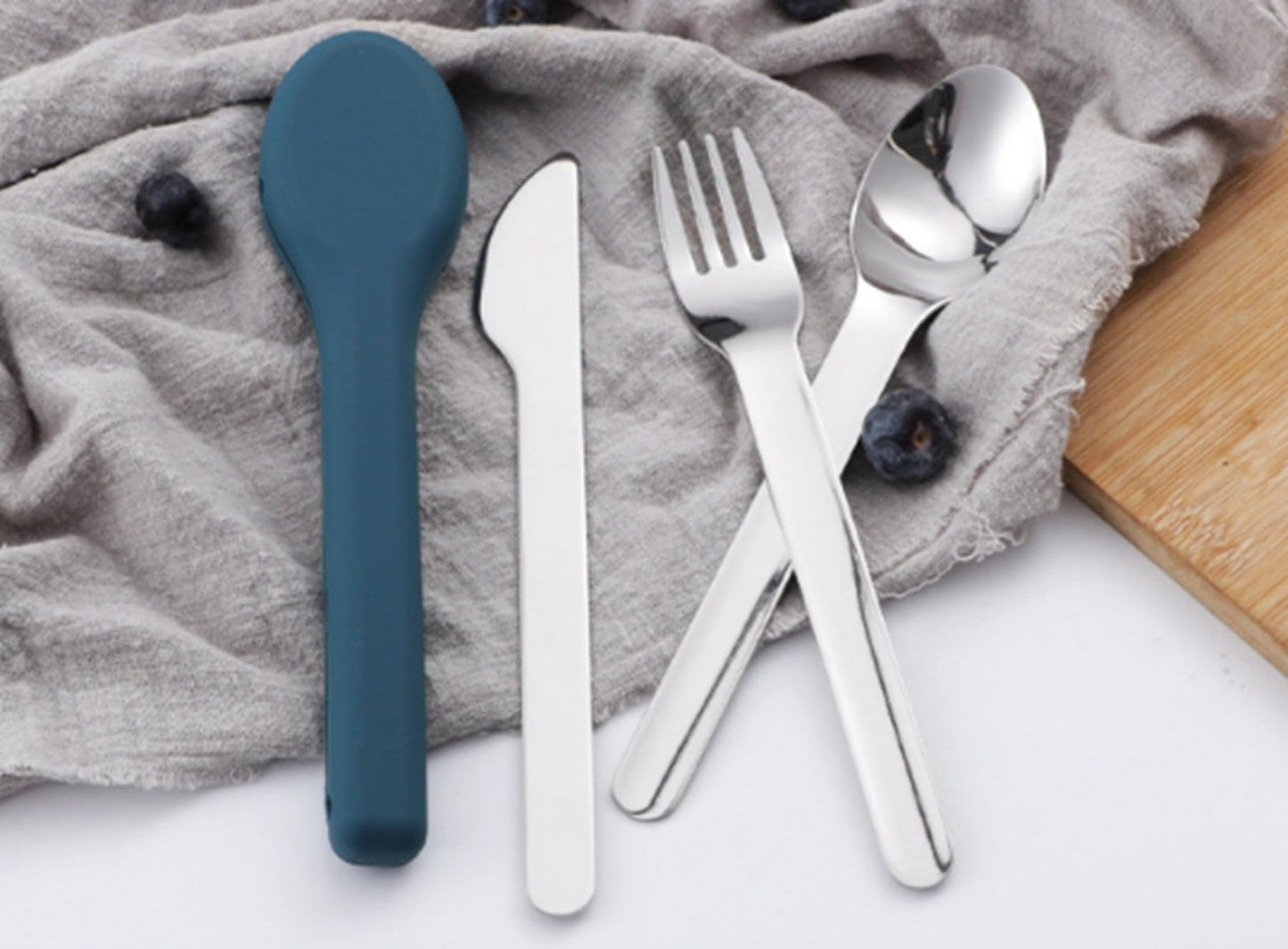 3-Pack 304 Stainless Steel Cutlery Set Flatware Set With Carrying Silicone Case Portable Travel Cutlery Set Reusable Cutlery Designed For Families, Travel SchoolAnd Camping (BLUE)