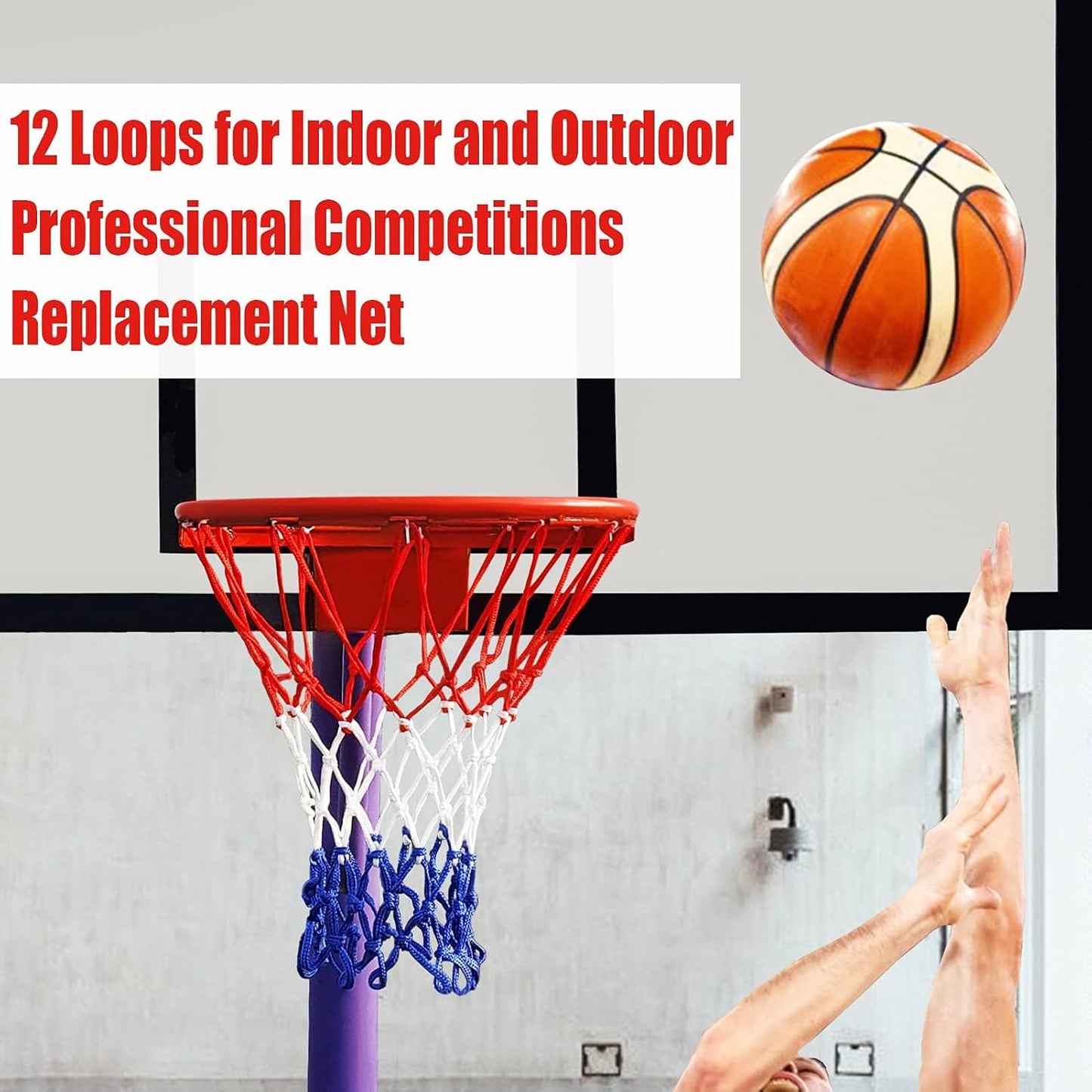 Heavy-Duty Basketball Net Replacement | All-Weather Anti-Whip | 12 Loops (Red/White/Blue)
