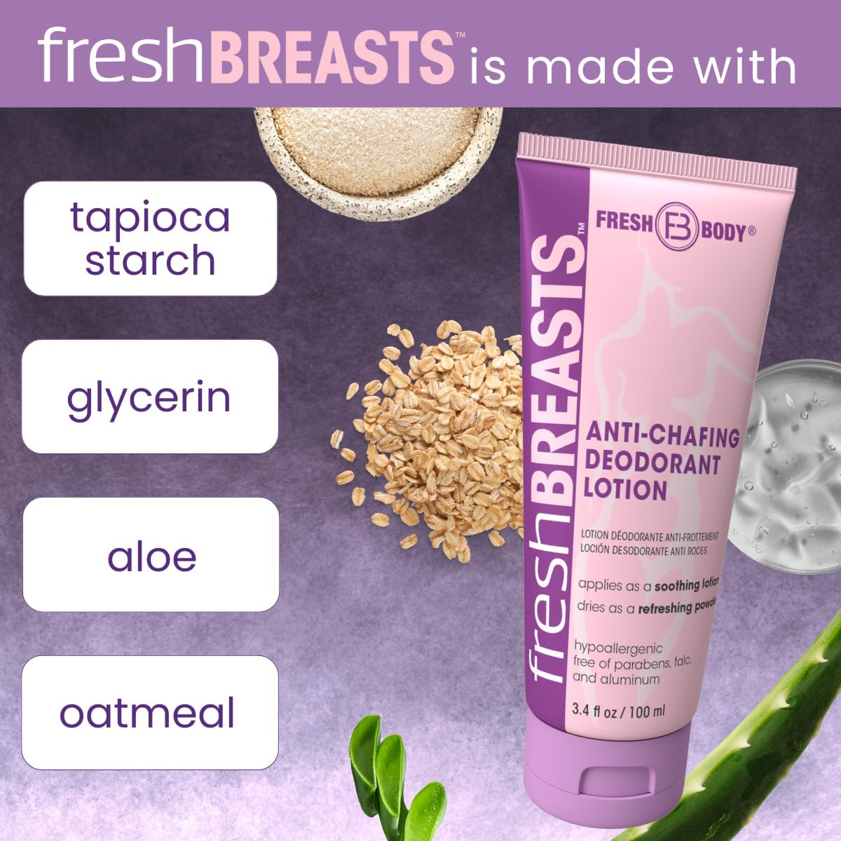 Fresh BREASTS Anti-Chafing Deodorant Cream to Powder for Under Boobs, Inner Thighs - Lotion Made without Talc, Aluminum, Parabens or Added Fragrance - 3.4 Fl Oz (2 Pack)