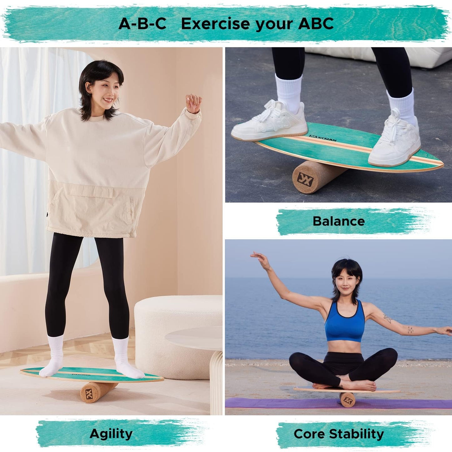 XCMAN Surf Balance Board Trainer with Roller Wooden Exercise Balancing Stability Trainer - Non Slip Surface for Adults Kids|Balance Board Surfing,Skateboarding,Hockey,Yoga