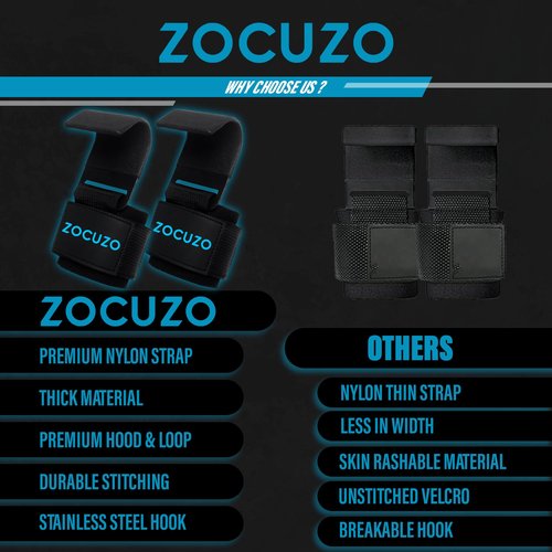 ZOCUZO Lifting Hooks (Pair) Heavy Duty Lifting Wrist Straps - Deadlift Straps for Powerlifting Weightlifting for Men & Women Workout Equipment (Black)
