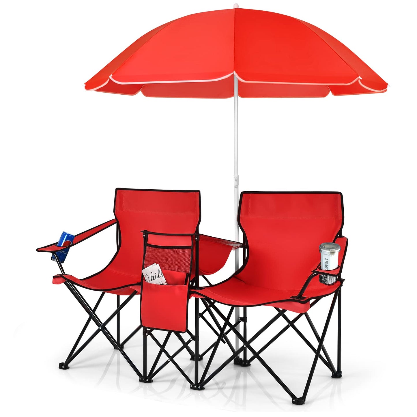 Julimoon Double Folding Camping Chairs w/Removable Umbrella, Portable Picnic Loveseat w/Mini Table, Cup Holder & Carrying Bag, 2-Person Picnic Chairs for Patio, Beach, Picnic, Outdoor (Red)