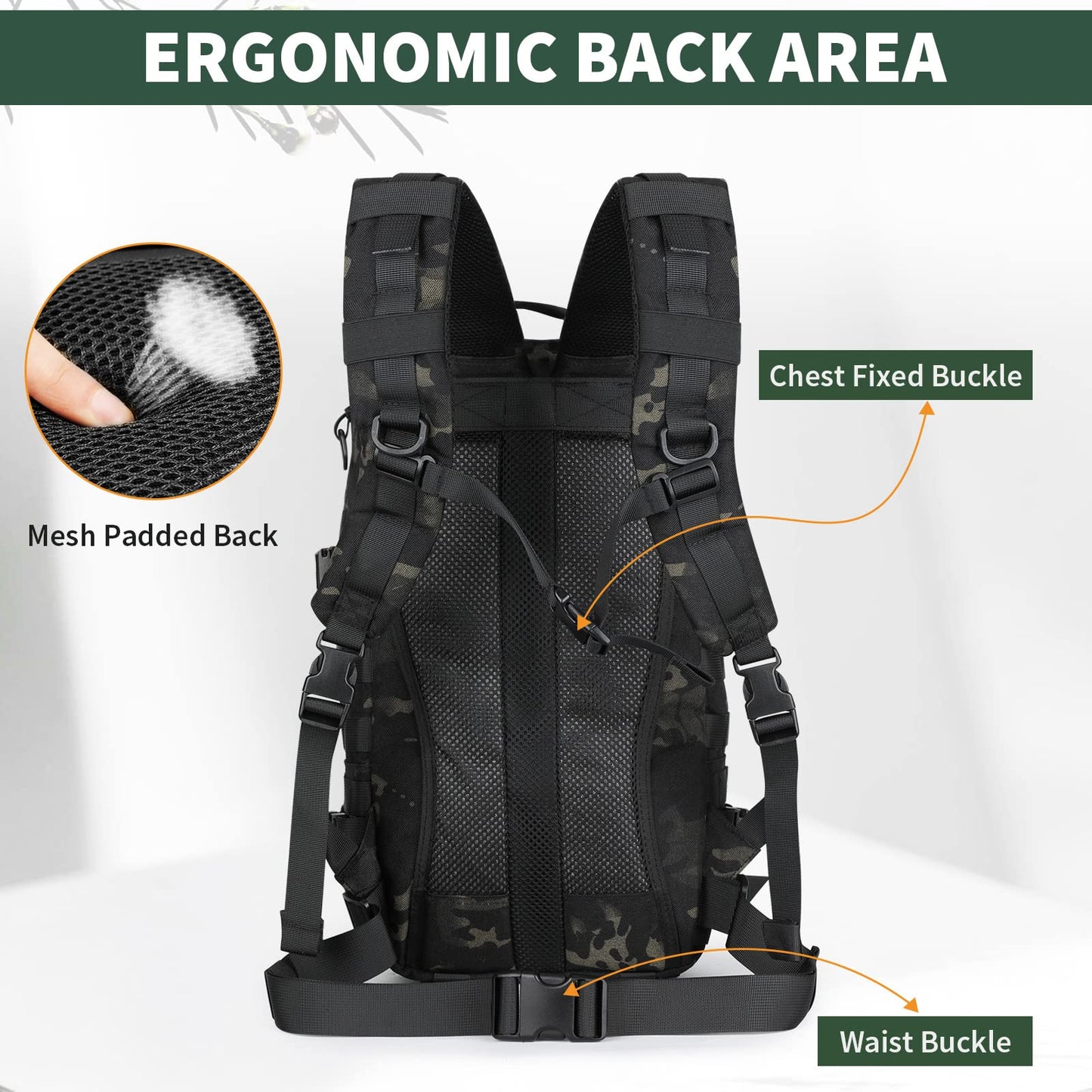 CamGo Military Tactical Backpack 25L MOLLE Hiking Daypack Trekking Rucksack Bug Out Bag for Daily Outdoor Sports (CP Black-25L)