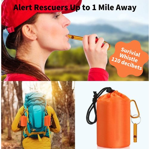 Emergency Sleeping Bag with Whistle, Portable Emergency Survival Bag, Lightweight Pocket Size Emergency Sleeping Bag, Waterproof Thermal Bivy Sack for Camping, Hiking (6)