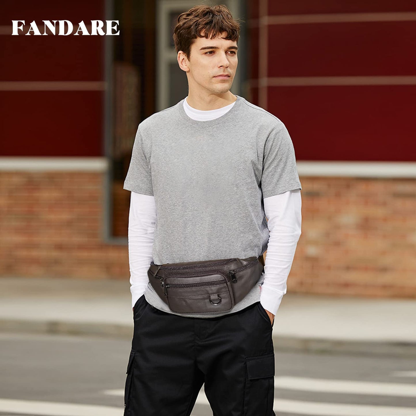 FANDARE Waist Fanny Pack Bumbags for Women Men Sling bag Genuine Leather Chest Crossbody Bag Cover Pack for Hiking Cycling Travelling Outdoor Sport Gym Business Shoulder Bag Dark Brown B