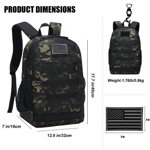 ArcEnCiel Motorcycle Backpack Tactical Bag Army Pack Rucksacks with Patch - Rain Cover Included(Black Camo)