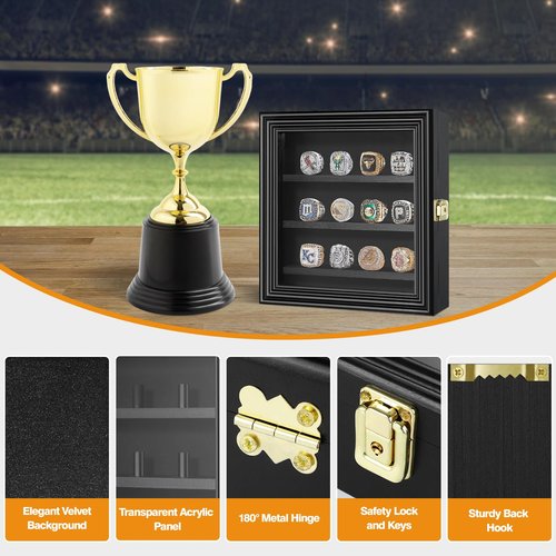 MoKo Championship Ring Display Case, 12 Ring Holder, Wooden Box with Lock, Wall Mount or Tabletop Display