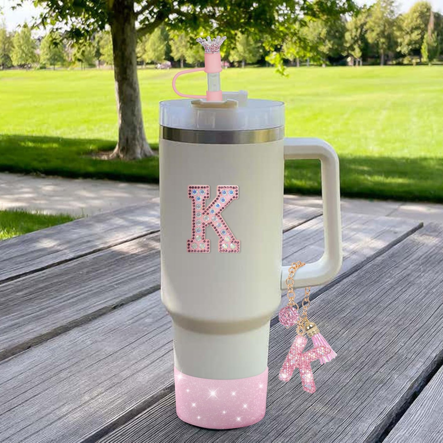 JUNIQUTE Pink Diamond Letter Charms Accessories for Handle Set, Bottom Protector for 40oz 30oz Stanley Cup, Crown Straw Cover & Sticker (K)