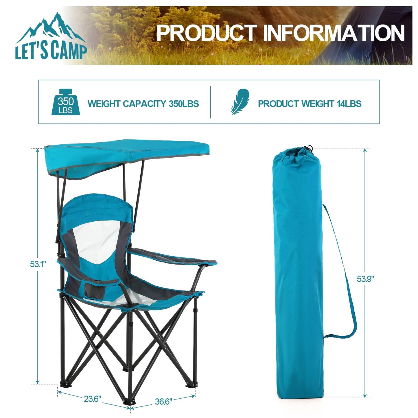 LET'S CAMP Camp Chair with Shade Canopy Folding Camping Chair with Cup Holder and Carry Bag for Outdoor Camping Hiking Beach, Heavy Duty 350 LBS,2 Pack