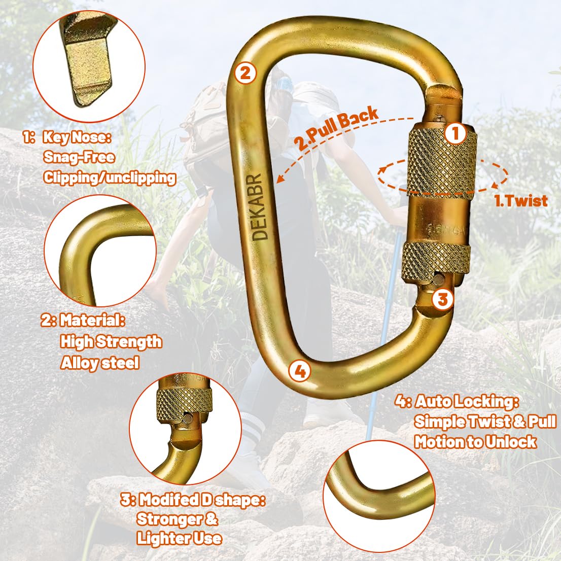 DEKABR Heavy Duty Alloy Steel Auto-Locking Climbing Carabiner - 45KN Twist Lock Carabiner for Rock and Tree Climbing, Quick Release, Rescue, and Mountaineering. ANAB Certified, 4.21-inch, Large, Gold