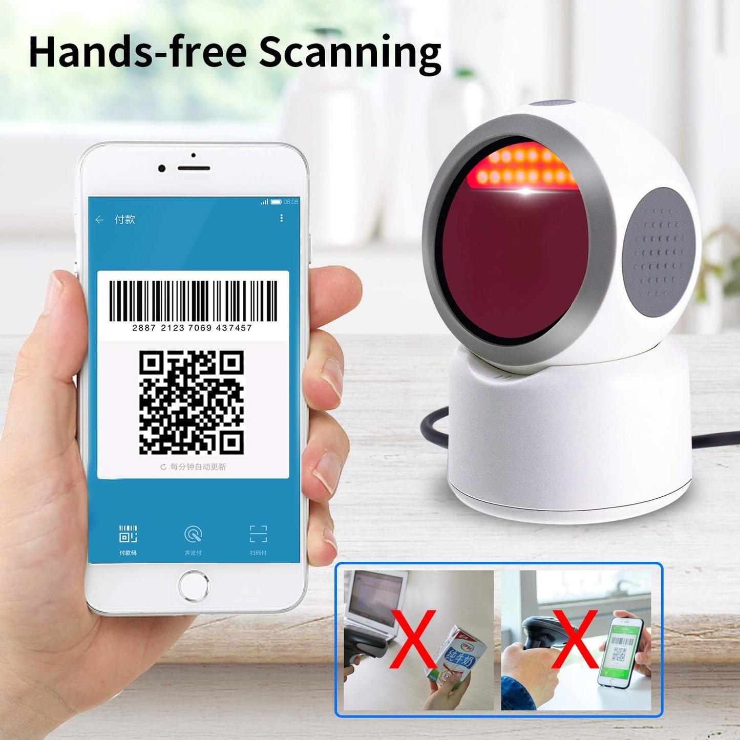 2D QR Barcode Scanner,Symcode Omnidirectional Hands-Free Automatic Barcode Reader for Mobile Payment Computer Screen ScanMeters