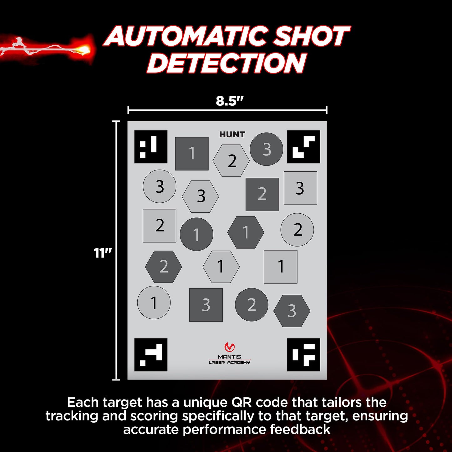Mantis Laser Academy Smart Targets | 15 Dry Fire Laser Targets for Practice & Training | Automatic Detection & Scoring with App