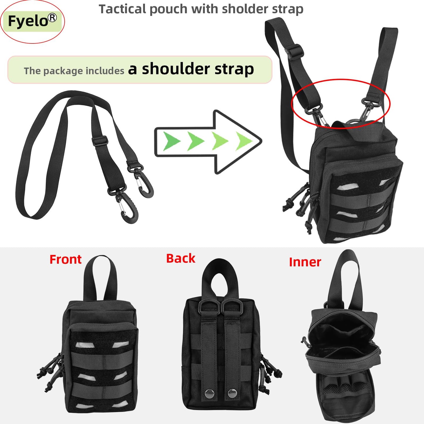 Fyelo Tactical Pouch Water-Resistant Molle Multi Functional EDC Tool Compact Bag with Strap Black/Brown/Green MOLLE Pouches (Black)