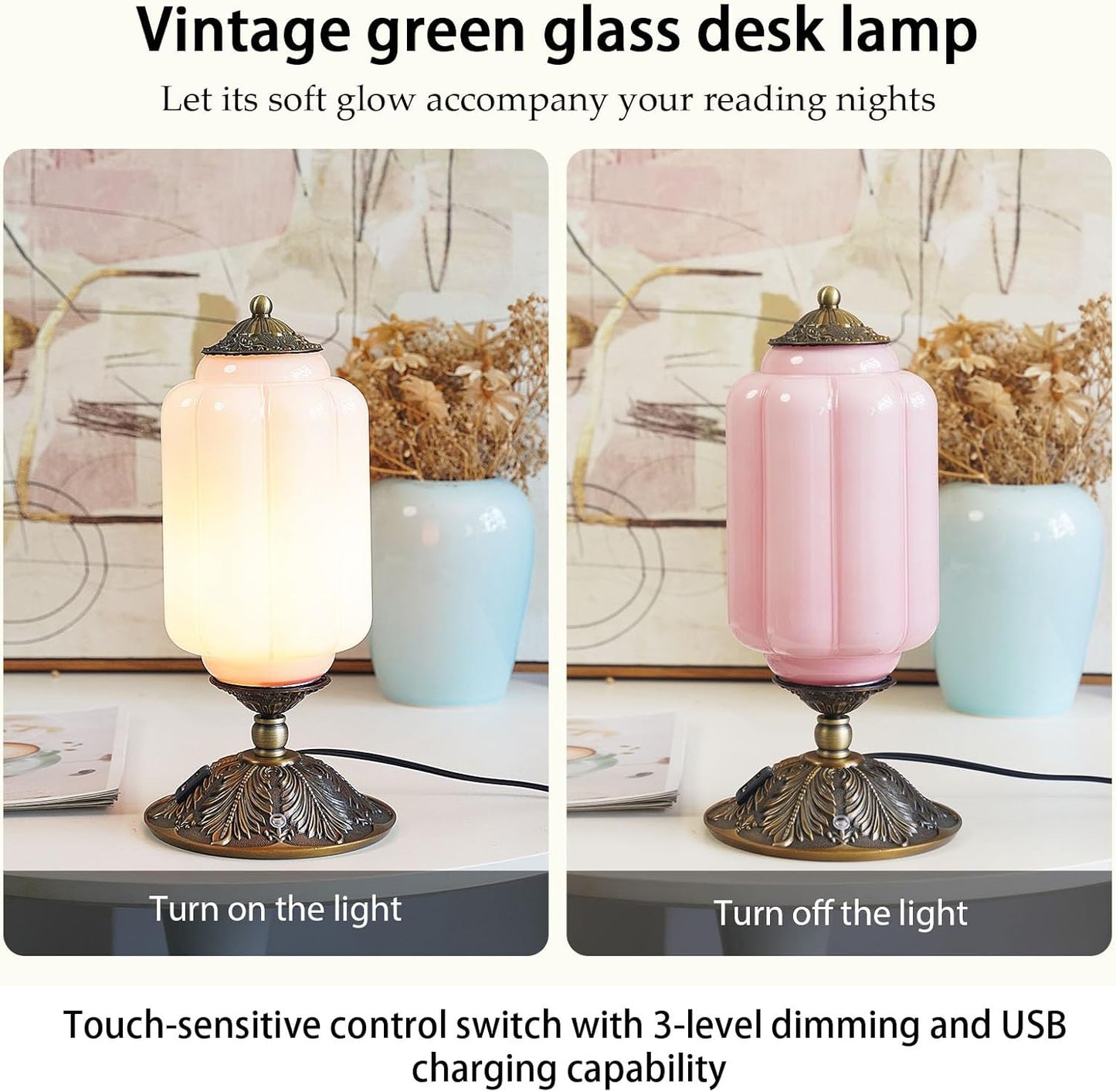 Milk Glass Touch Table Lamp, Elegant Green Jadeite Glass Bedside Desk Lamp 3 Way Dimmable with USB C+A Charging Ports - Bedroom Nightstand & Living Room Essential, 4W Bulb Included (Green, 6.5)