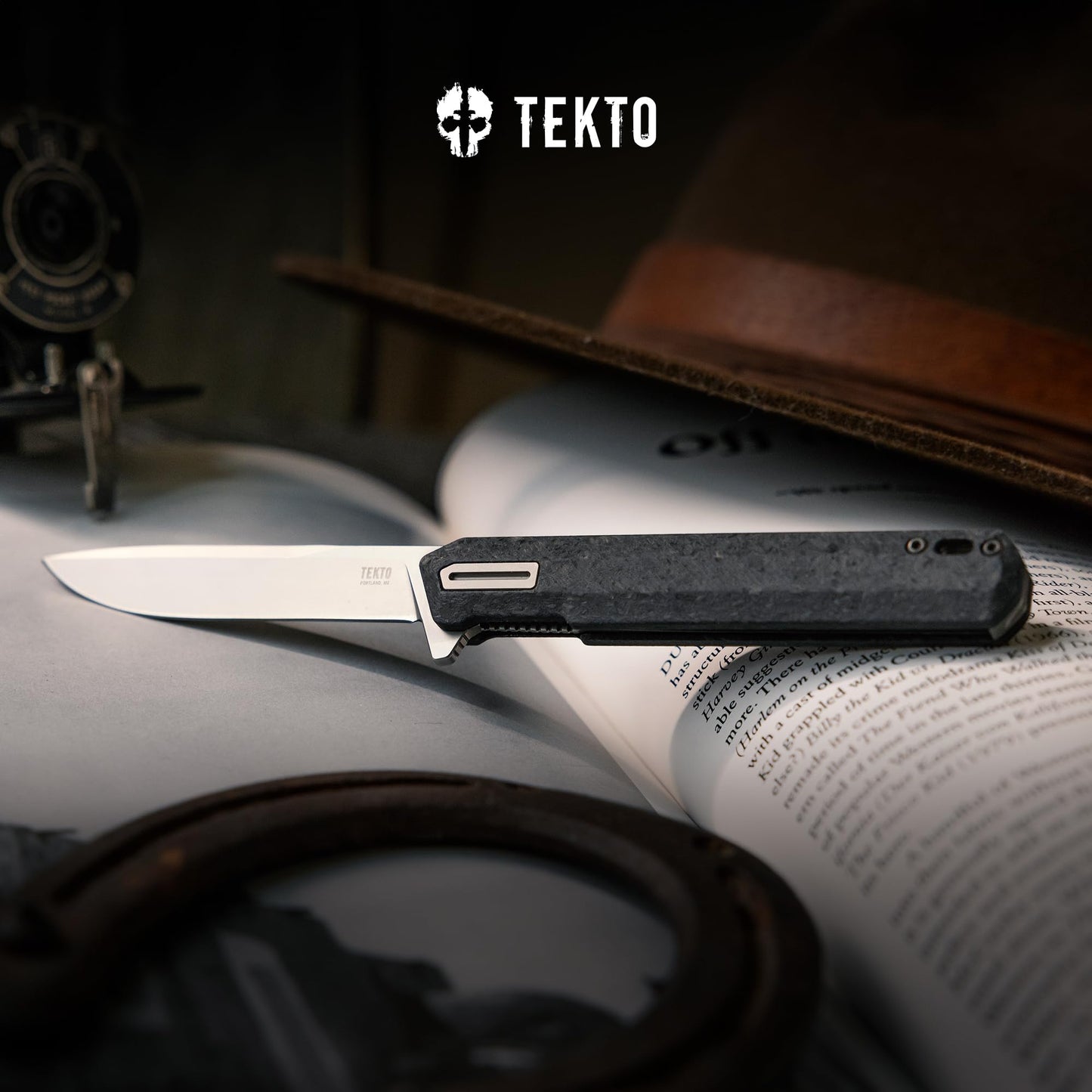 TEKTO F2 Bravo Folding Knife Pocket - D2 Steel Blade, Ceramic Ball Bearings - EDC - Snap, Swift Flip - Camping, Backpacking - 2.4oz (68g), Forged Carbon Handle, Silver Titanium Accents