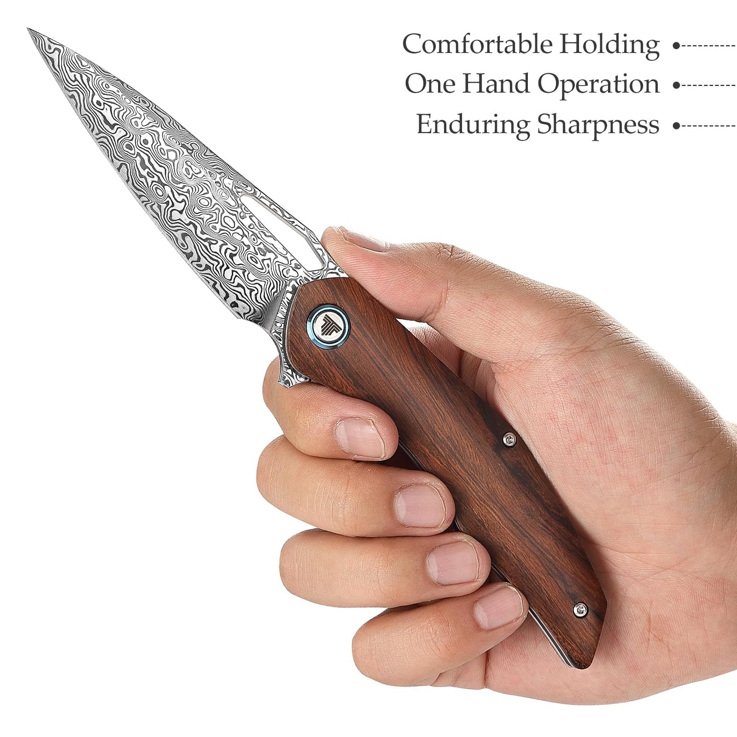 TRIVISA 3.62'' Damascus Folding Pocket Handmade Knife for Men With Clip, Front Flipper Utility Knife for Best EDC Outdoor Camping Hiking Work Knives,Ironwood Handle &Ti Ring.Taurus-01i